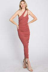 Rust Ruched One Shoulder Midi Dress