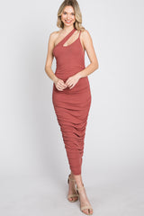 Rust Ruched One Shoulder Maternity Midi Dress