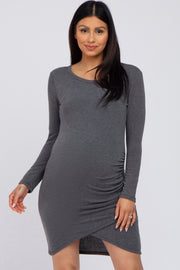 Charcoal Long Sleeve Ruched Side Wrap Hem Maternity Dress