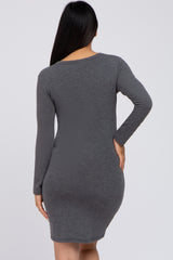 Charcoal Long Sleeve Ruched Side Wrap Hem Maternity Dress