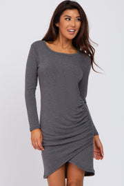 Charcoal Long Sleeve Ruched Side Wrap Hem Dress