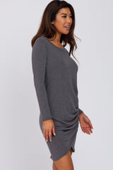 Charcoal Long Sleeve Ruched Side Wrap Hem Dress