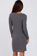 Charcoal Long Sleeve Ruched Side Wrap Hem Dress