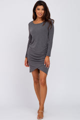 Charcoal Long Sleeve Ruched Side Wrap Hem Dress