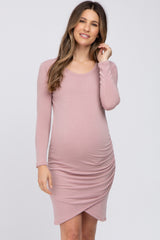 Pink Long Sleeve Ruched Side Wrap Hem Maternity Dress