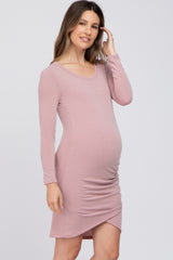 Pink Long Sleeve Ruched Side Wrap Hem Maternity Dress