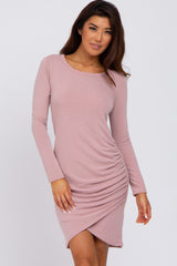 Pink Long Sleeve Ruched Side Wrap Hem Dress