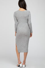 Heather Grey Ribbed Ruched Midi Dress