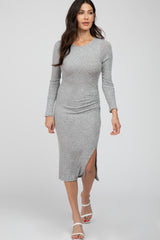 Heather Grey Ribbed Ruched Maternity Midi Dress