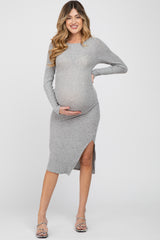 Heather Grey Ribbed Ruched Maternity Midi Dress