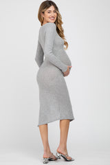 Heather Grey Ribbed Ruched Maternity Midi Dress