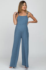 Blue Smocked Shoulder Tie Maternity Jumpsuit