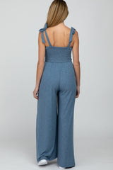 Blue Smocked Shoulder Tie Maternity Jumpsuit