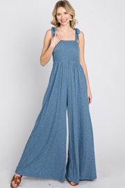 Blue Smocked Shoulder Tie Jumpsuit