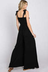 Black Smocked Shoulder Tie Jumpsuit