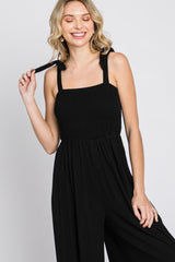 Black Smocked Shoulder Tie Jumpsuit