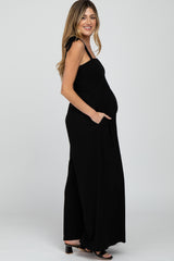 Black Smocked Shoulder Tie Maternity Jumpsuit