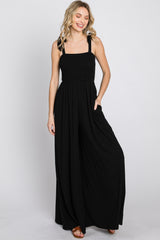 Black Smocked Shoulder Tie Jumpsuit