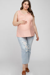 Salmon Striped Button Accent Maternity Plus Sleeveless Top