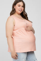 Salmon Striped Button Accent Maternity Plus Sleeveless Top