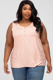 Salmon Striped Button Accent Plus Sleeveless Top