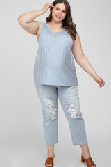 Light Blue Striped Button Accent Maternity Plus Sleeveless Top