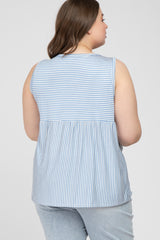 Light Blue Striped Button Accent Maternity Plus Sleeveless Top