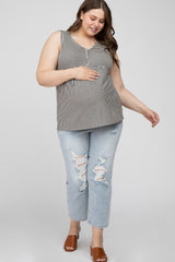 Black Striped Button Accent Maternity Plus Sleeveless Top