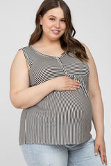 Black Striped Button Accent Maternity Plus Sleeveless Top