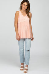 Salmon Striped Button Accent Sleeveless Top