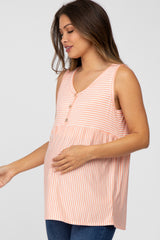 Salmon Striped Button Accent Maternity Sleeveless Top