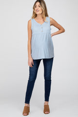 Light Blue Striped Button Accent Maternity Sleeveless Top