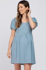 Blue Textured Puff Sleeve Maternity Dress