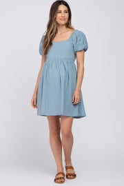 Blue Textured Puff Sleeve Maternity Dress