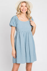 Blue Textured Puff Sleeve Maternity Dress