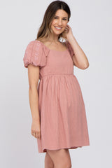 Pink Textured Puff Sleeve Maternity Dress