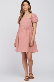 Pink Textured Puff Sleeve Maternity Dress