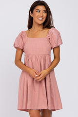 Pink Textured Puff Sleeve Maternity Dress