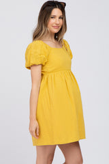 Yellow Textured Puff Sleeve Maternity Dress