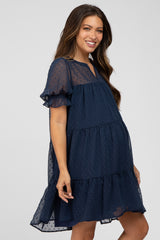 Navy Swiss Dot Tiered Maternity Dress