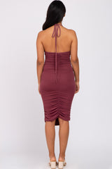 Burgundy Ruched Criss Cross Back Maternity Midi Dress