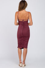 Burgundy Ruched Criss Cross Back Midi Dress