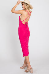 Fuchsia Ruched Criss Cross Back Midi Dress