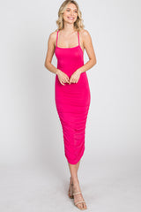 Fuchsia Ruched Criss Cross Back Midi Dress