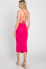 Fuchsia Ruched Criss Cross Back Midi Dress