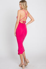 Fuchsia Ruched Criss Cross Back Midi Dress