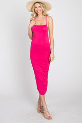 Fuchsia Ruched Criss Cross Back Midi Dress