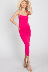 Fuchsia Ruched Criss Cross Back Midi Dress