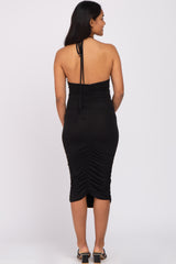 Black Ruched Criss Cross Back Maternity Midi Dress