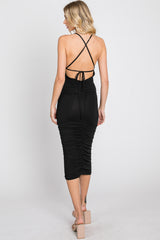 Black Ruched Criss Cross Back Midi Dress